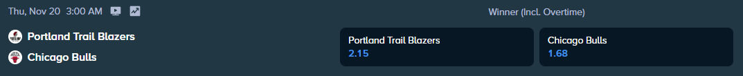 stake.com betting odds for the nba match between trail blazers and chicago bulls